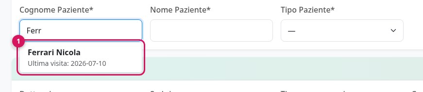 I pazienti già registrati proposti mentre si scrive il cognome